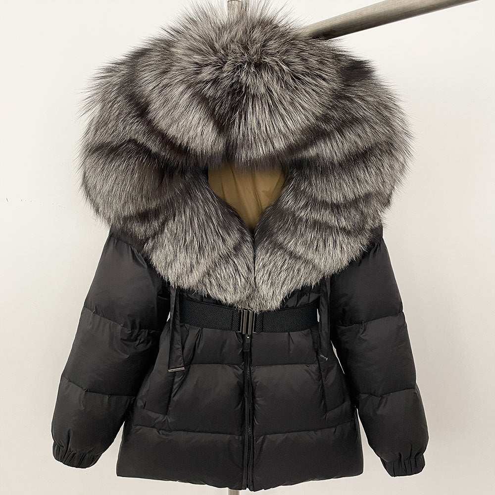 A fur collar hooded white duck down jacket
