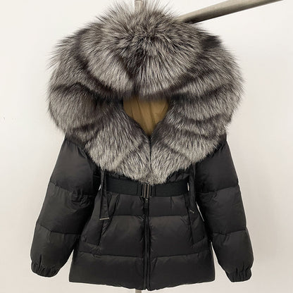 A fur collar hooded white duck down jacket