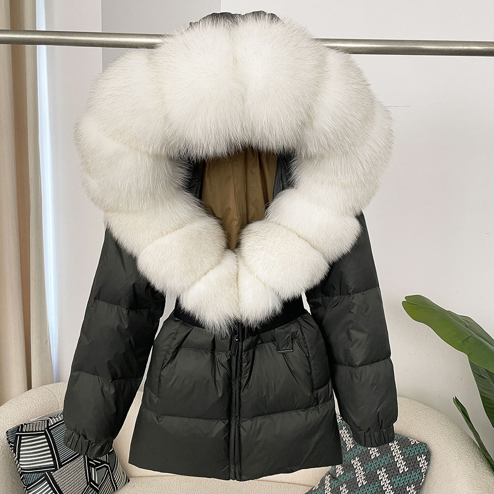 A fur collar hooded white duck down jacket