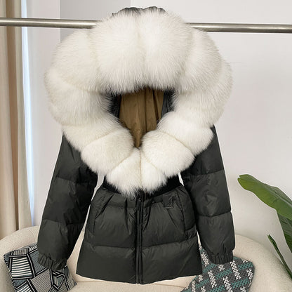 A fur collar hooded white duck down jacket