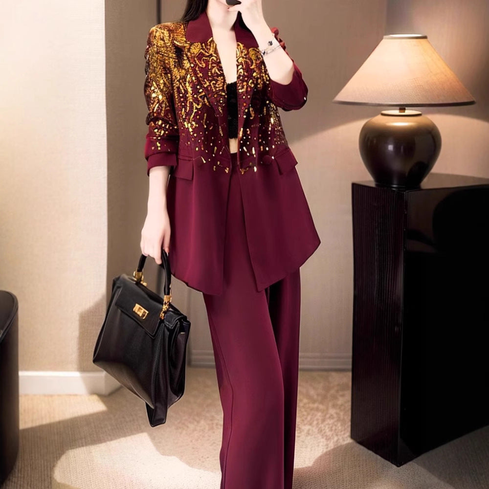 A autumn women's clothing commuting light wear, slightly fat and thin Angola red sequined suit wide-leg pants two-piece suit
