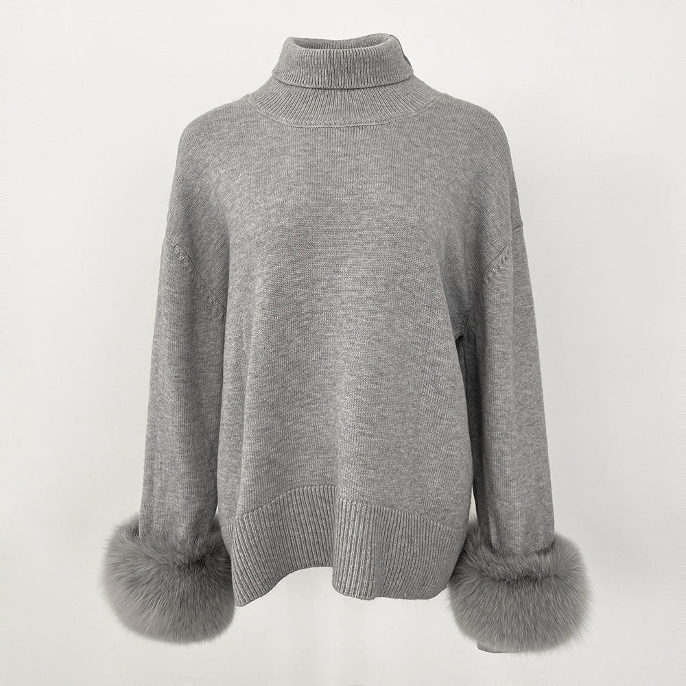 A popular thickened knitted sweater autumn and winter new loose high-necked real fox cuff sweater women