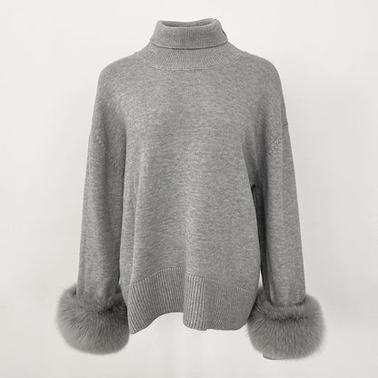 A popular thickened knitted sweater autumn and winter new loose high-necked real fox cuff sweater women