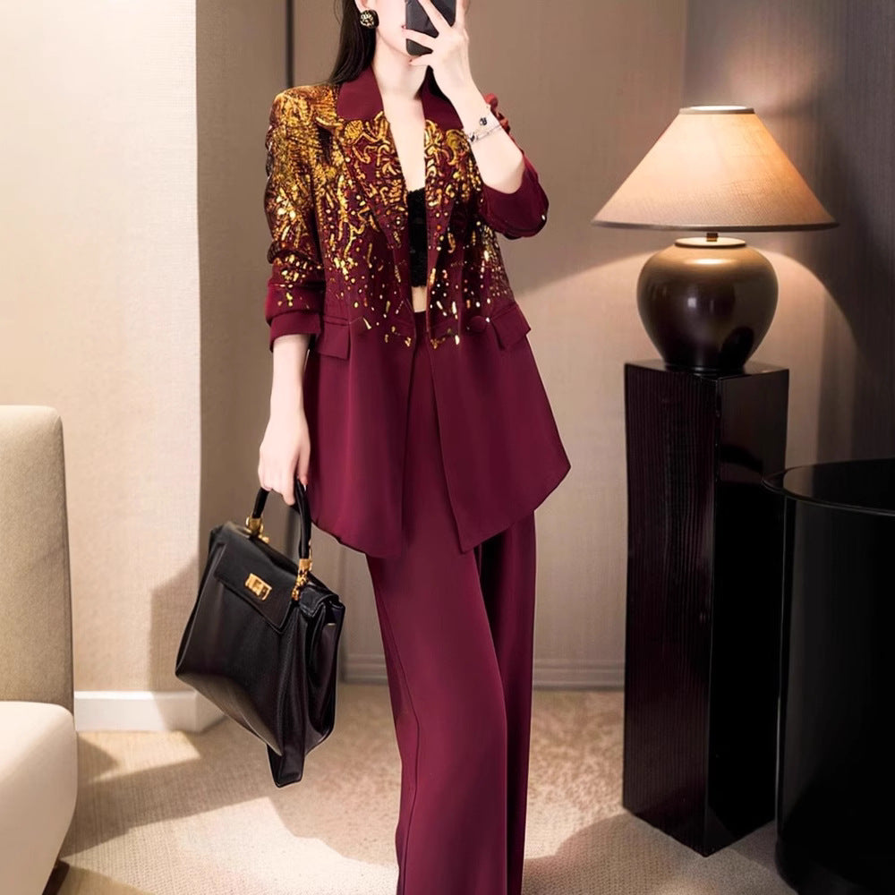 A autumn women's clothing commuting light wear, slightly fat and thin Angola red sequined suit wide-leg pants two-piece suit