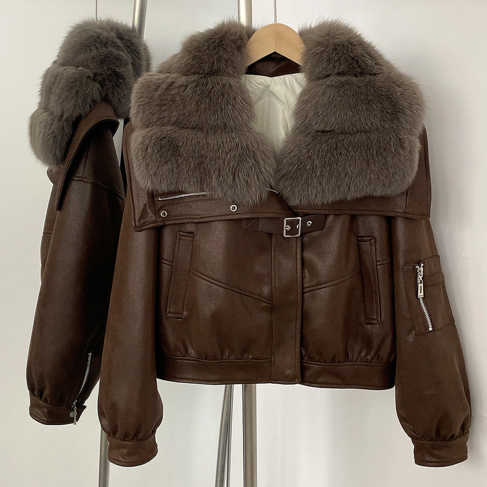 A winter new short real fox fur collar suede fur jacket female Korean version fur integrated down liner