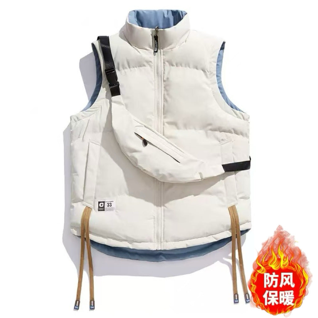 A man wears a vest jacket on both sides