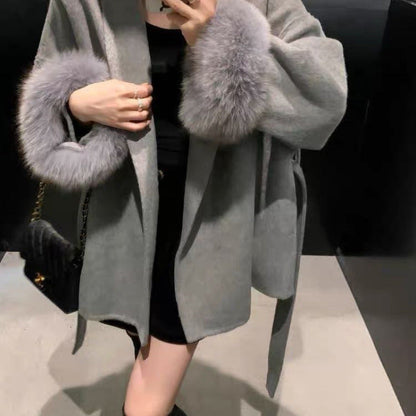 A strap, hairy sleeves, thin Hepburn woolen coat, women's autumn and winter woolen temperament, new product sense, thin coat, slim fit