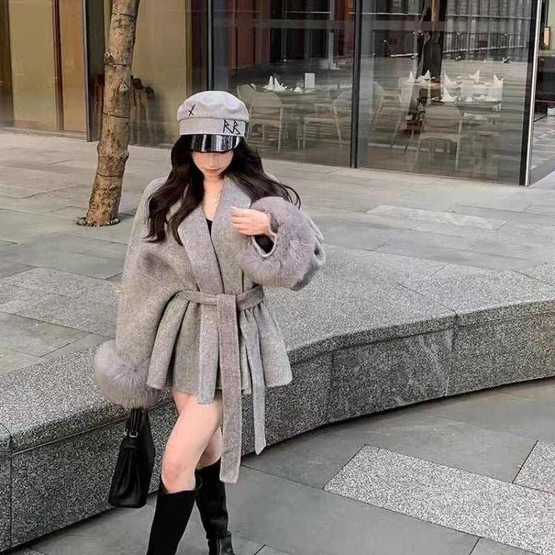 A strap, hairy sleeves, thin Hepburn woolen coat, women's autumn and winter woolen temperament, new product sense, thin coat, slim fit