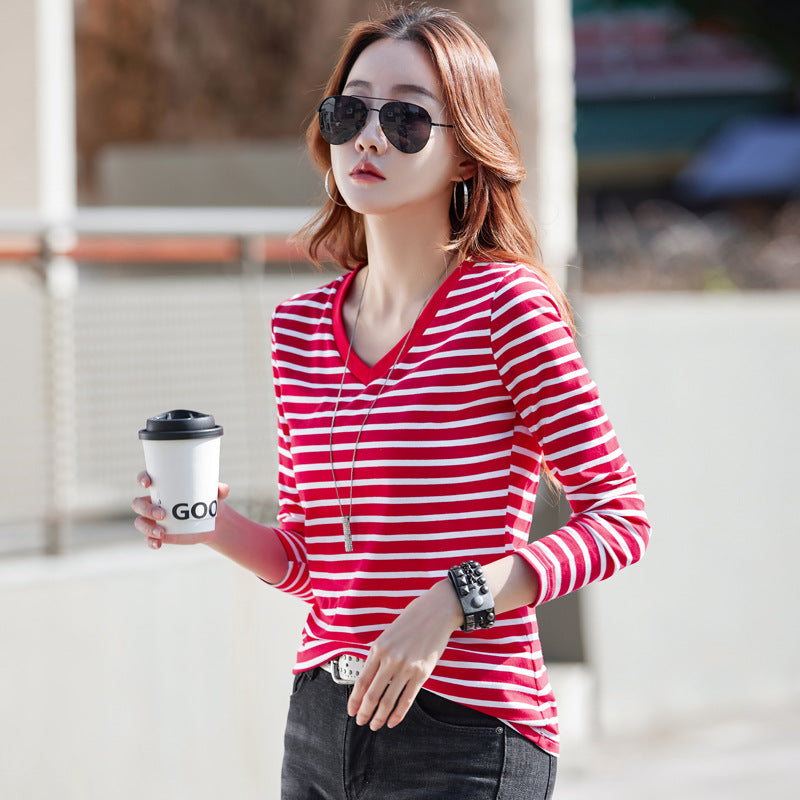 B2-m22 Loose and good quality women V-neck striped T- shirt - Mixbatch