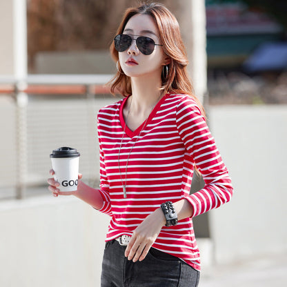 B2-m22 Loose and good quality women V-neck striped T- shirt - Mixbatch