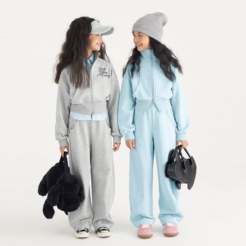 B2-m27 Spring new children's cotton stand-up collar zipper sweater sweatpants set - Mixbatch