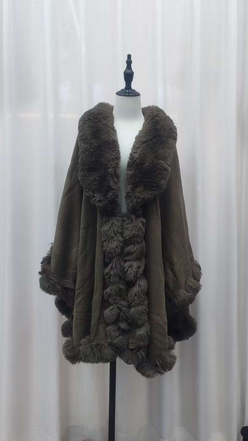 A Rabbit fur large lapel handmade wool cross-border European and American knitted imitation cashmere cardigan large size shawl cape