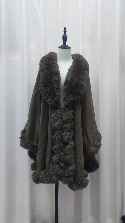 A Rabbit fur large lapel handmade wool cross-border European and American knitted imitation cashmere cardigan large size shawl cape