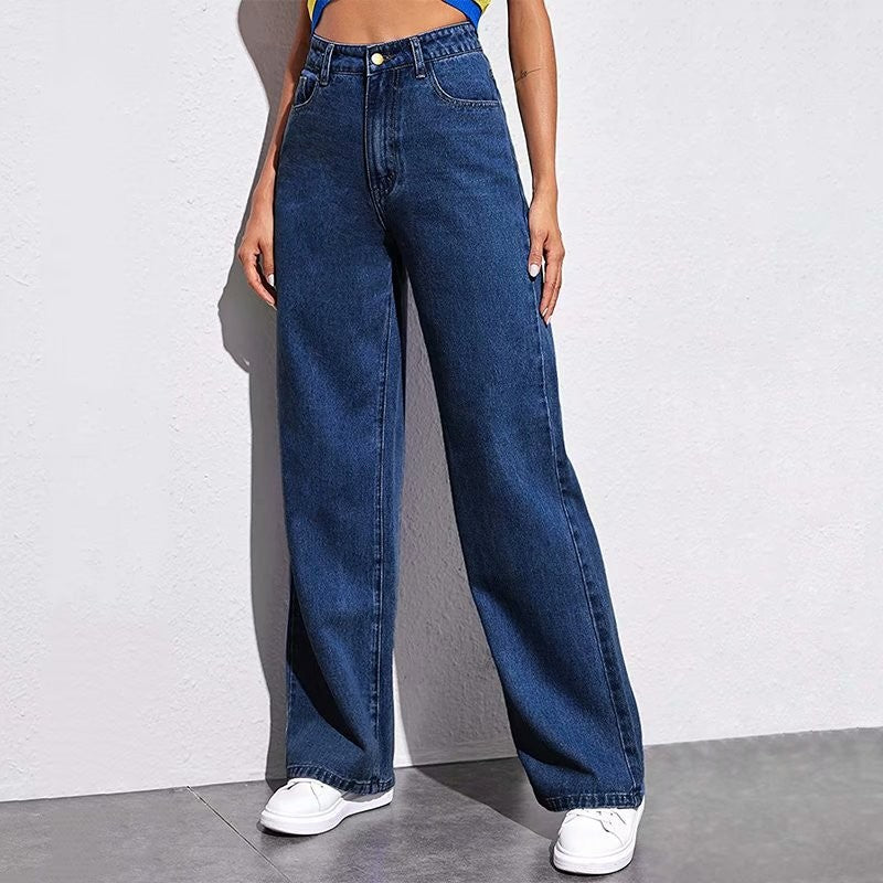 A high-waisted slim-fit straight denim trousers are popular