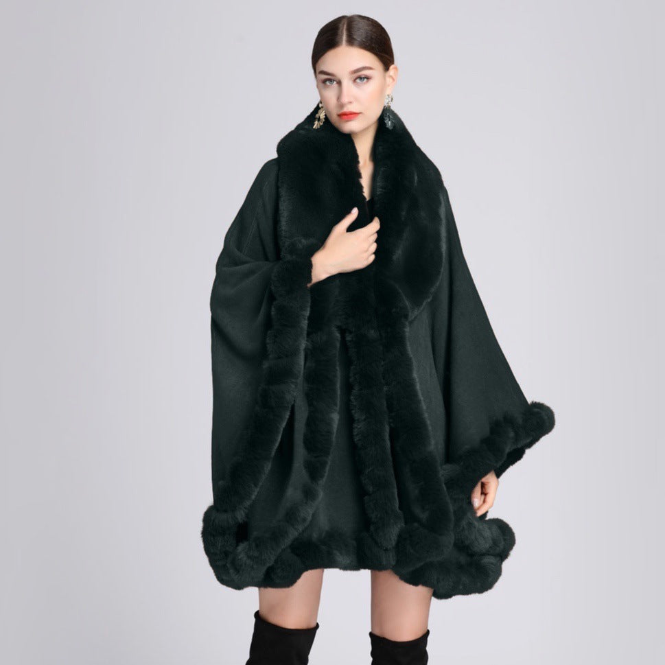 A European and American autumn and winter new imitation Rex rabbit fur collar cape large size knitted cardigan loose coat women