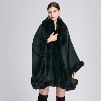 A European and American autumn and winter new imitation Rex rabbit fur collar cape large size knitted cardigan loose coat women