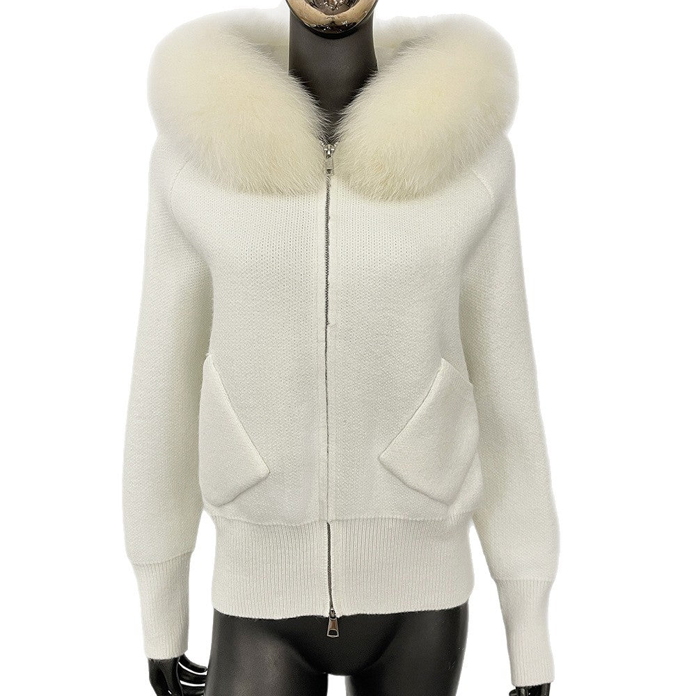 A autumn and winter new knitted sweater women's Korean version removable oversized real fox fur collar hooded knitted cardigan jacket