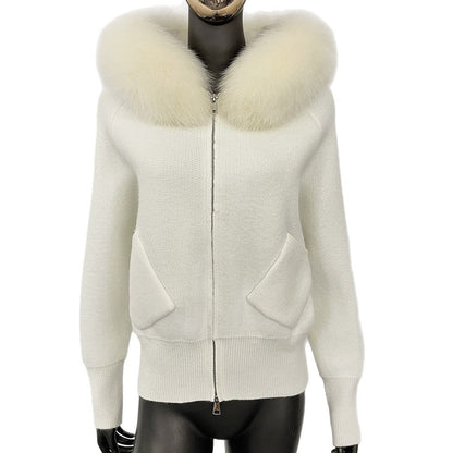 A autumn and winter new knitted sweater women's Korean version removable oversized real fox fur collar hooded knitted cardigan jacket