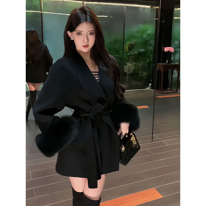 A strap, hairy sleeves, thin Hepburn woolen coat, women's autumn and winter woolen temperament, new product sense, thin coat, slim fit