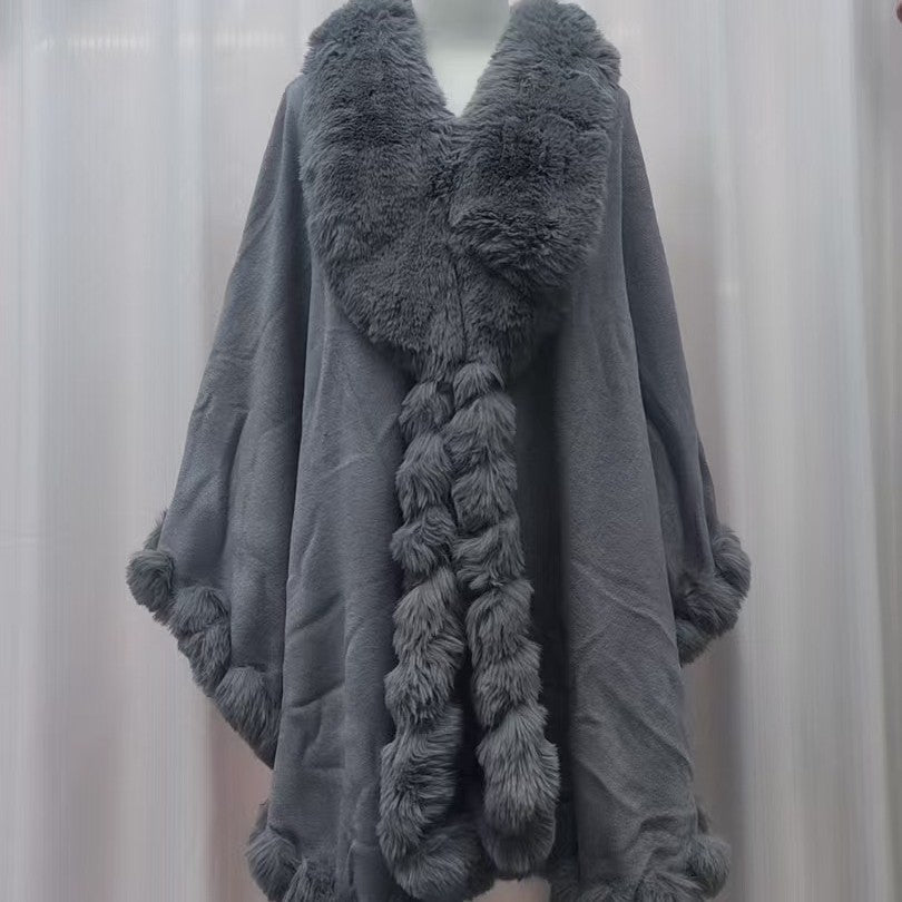 A Rabbit fur large lapel handmade wool cross-border European and American knitted imitation cashmere cardigan large size shawl cape