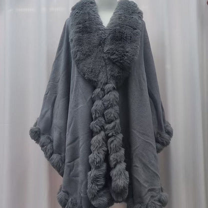 A Rabbit fur large lapel handmade wool cross-border European and American knitted imitation cashmere cardigan large size shawl cape