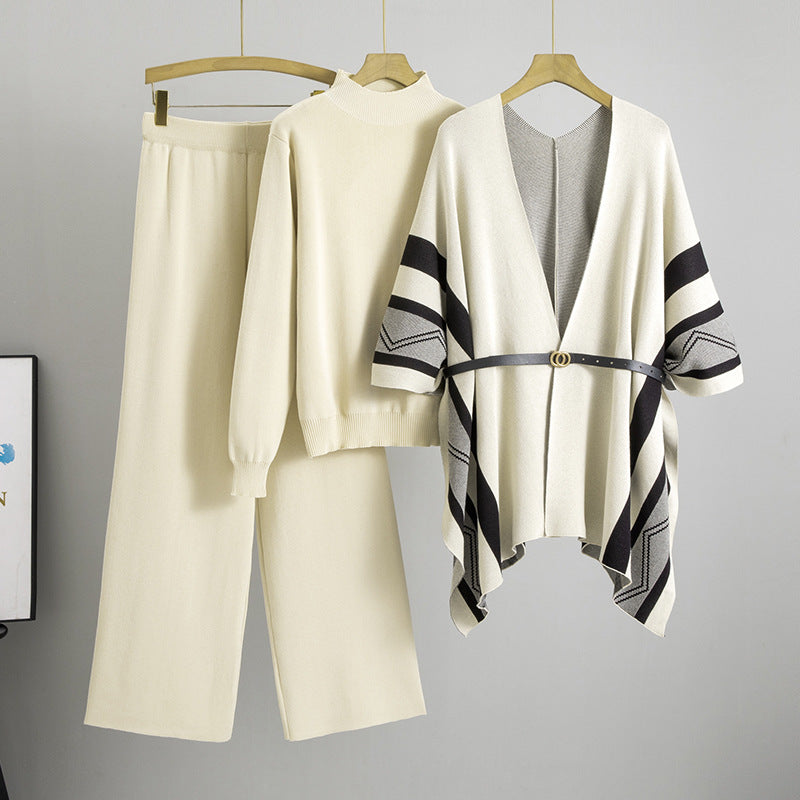 A knitted shawl sweater pants three-piece set