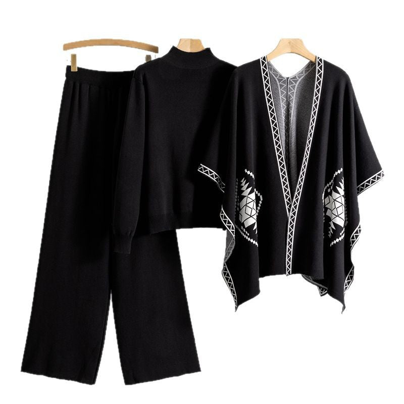 A knitted sweater shawl cape jacket three-piece set