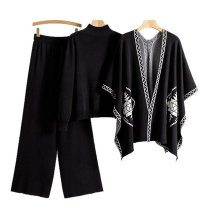 A knitted sweater shawl cape jacket three-piece set