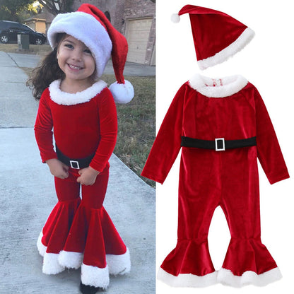 A Christmas children's long-sleeved plush one-piece hat set