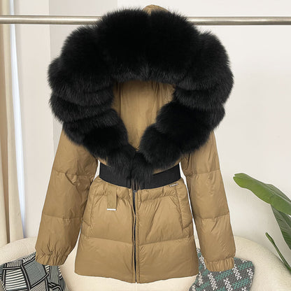 A fur collar hooded white duck down jacket