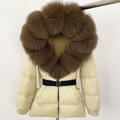 A fur collar hooded white duck down jacket