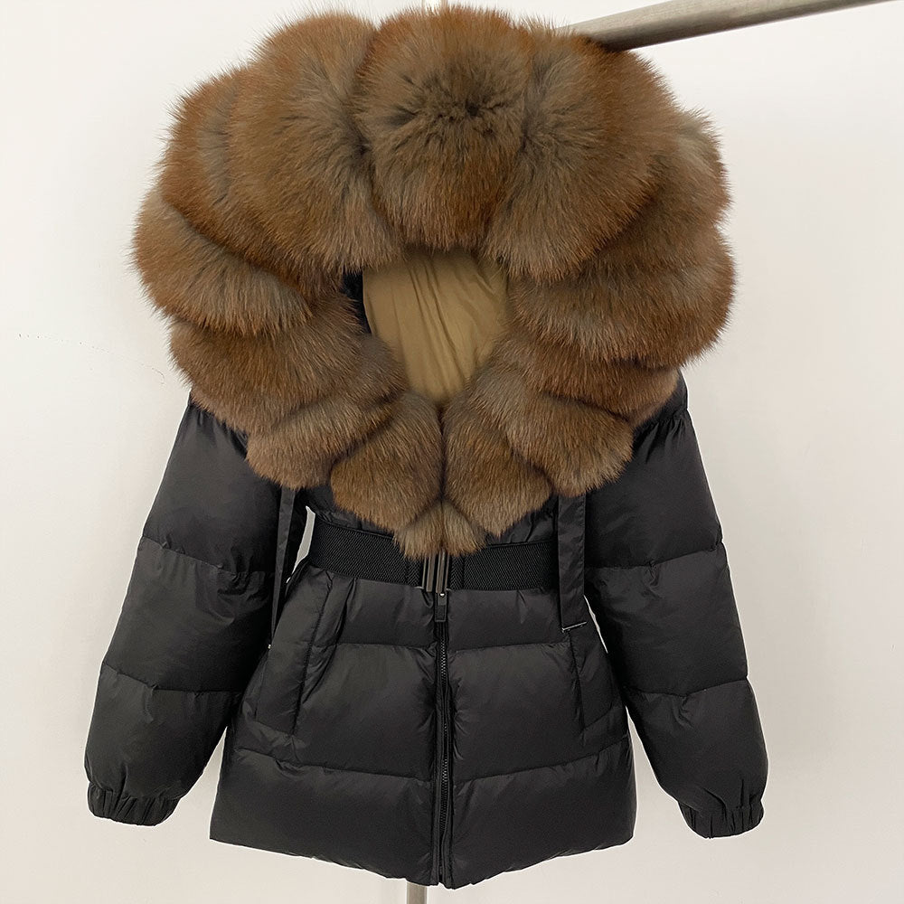 A fur collar hooded white duck down jacket