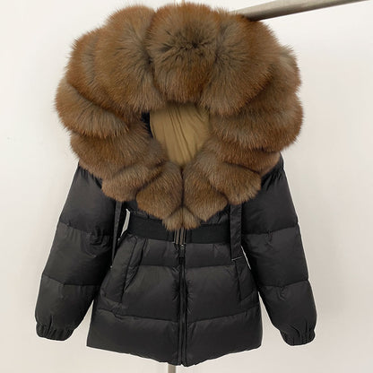 A fur collar hooded white duck down jacket