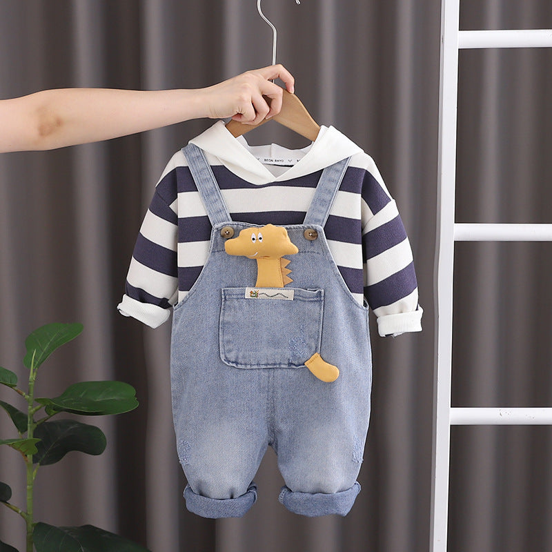 A Boys Striped Hoodie Long Sleeve Top Children's Suit Medium Children's Casual Pants Versatile Denim Overalls Autumn Children's Clothing