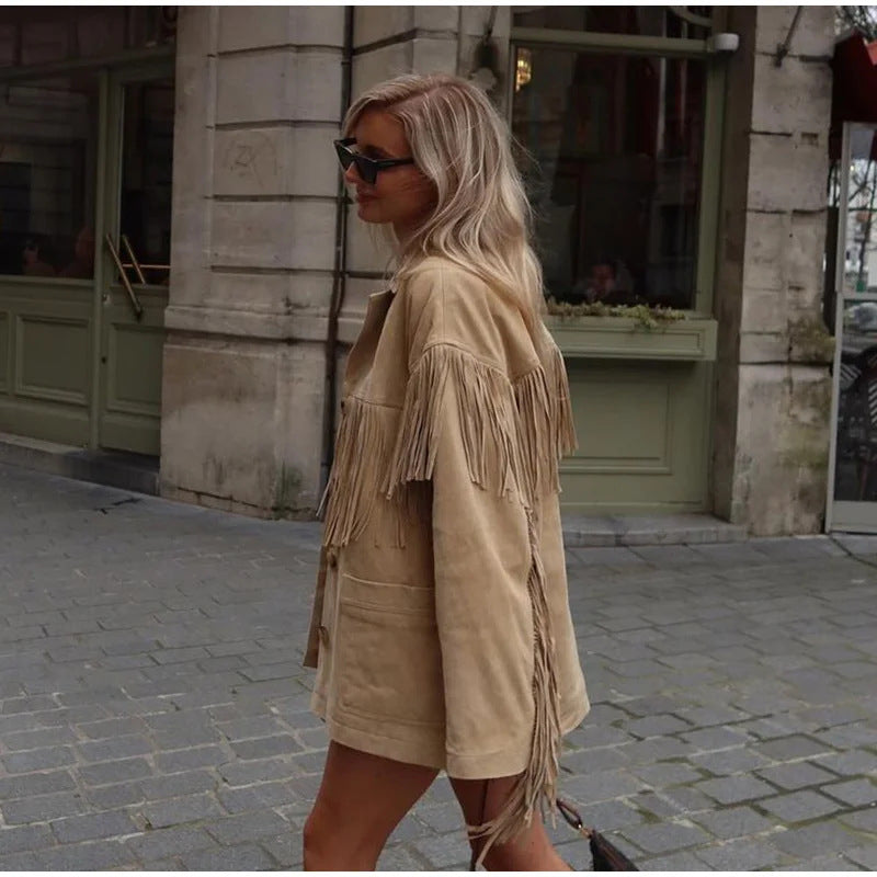 A women's jacket with fringed long sleeves