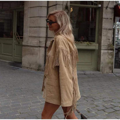 A women's jacket with fringed long sleeves