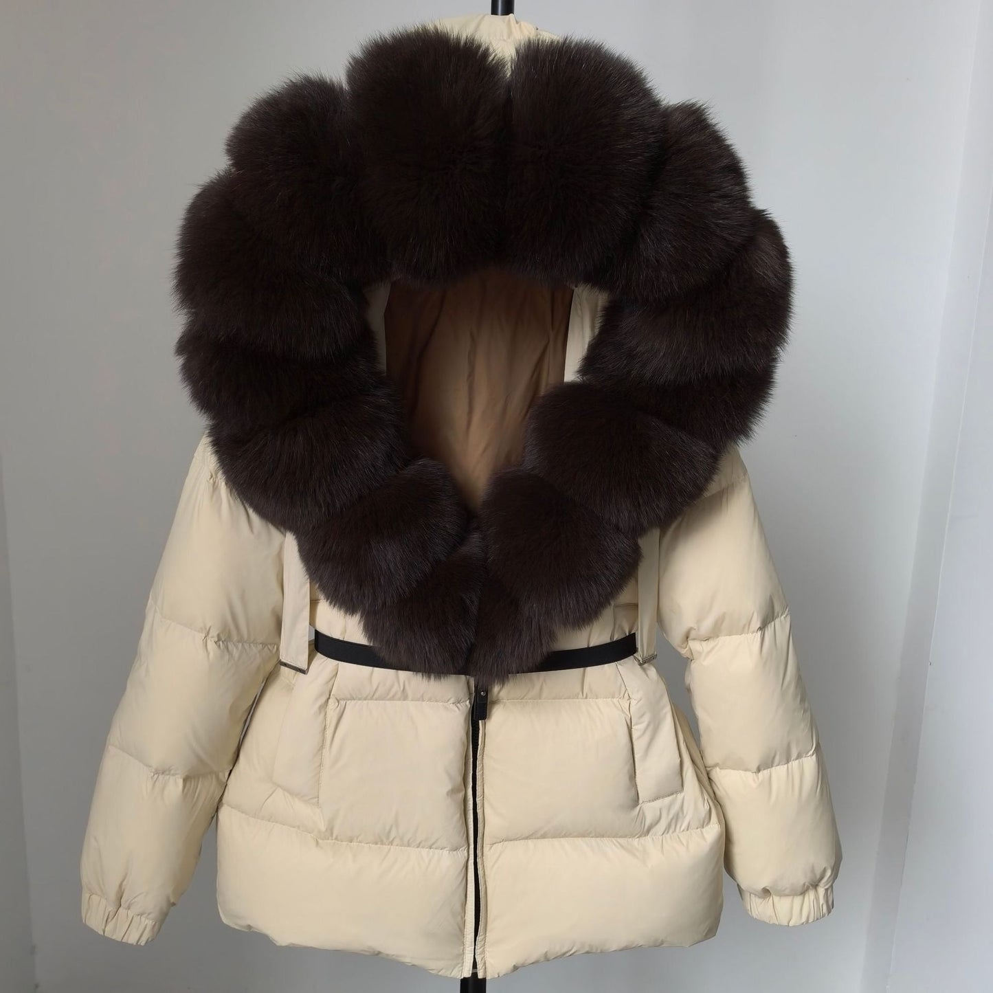 A fur collar hooded white duck down jacket