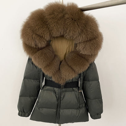 A fur collar hooded white duck down jacket