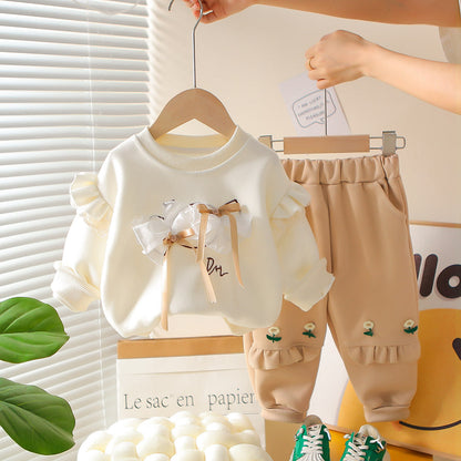 A Spring and Autumn New Girls Comfortable and Sweet Suit Children's Big Bow Long Sleeve Small Flower Crew Neck Cover