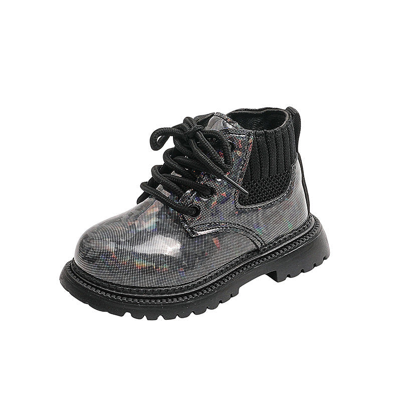 A Children's Martin Boots Black Shiny Boots for Boys and Girls