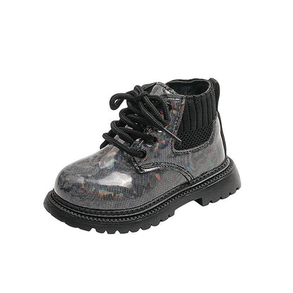 A Children's Martin Boots Black Shiny Boots for Boys and Girls