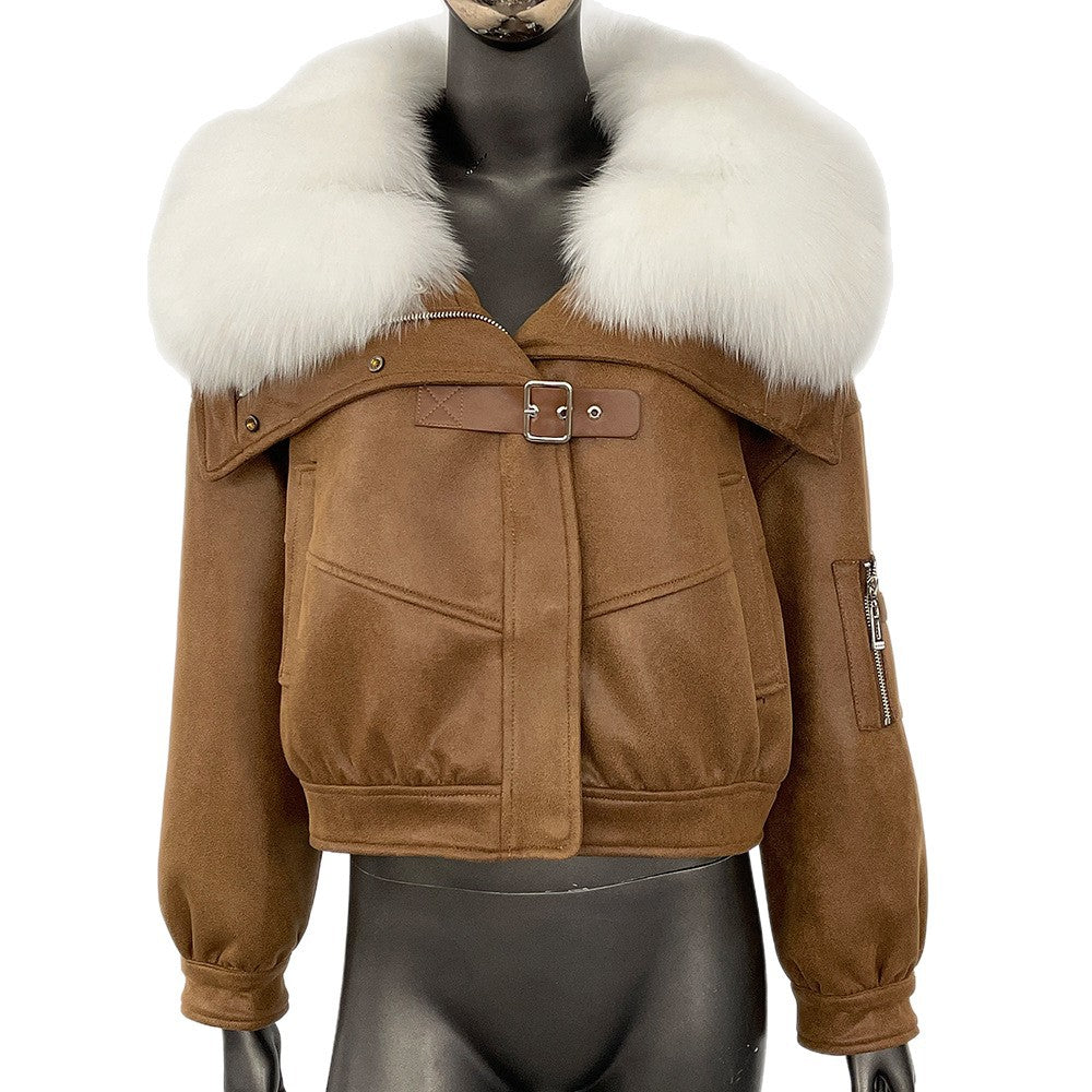 A winter new short real fox fur collar suede fur jacket female Korean version fur integrated down liner