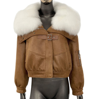 A winter new short real fox fur collar suede fur jacket female Korean version fur integrated down liner