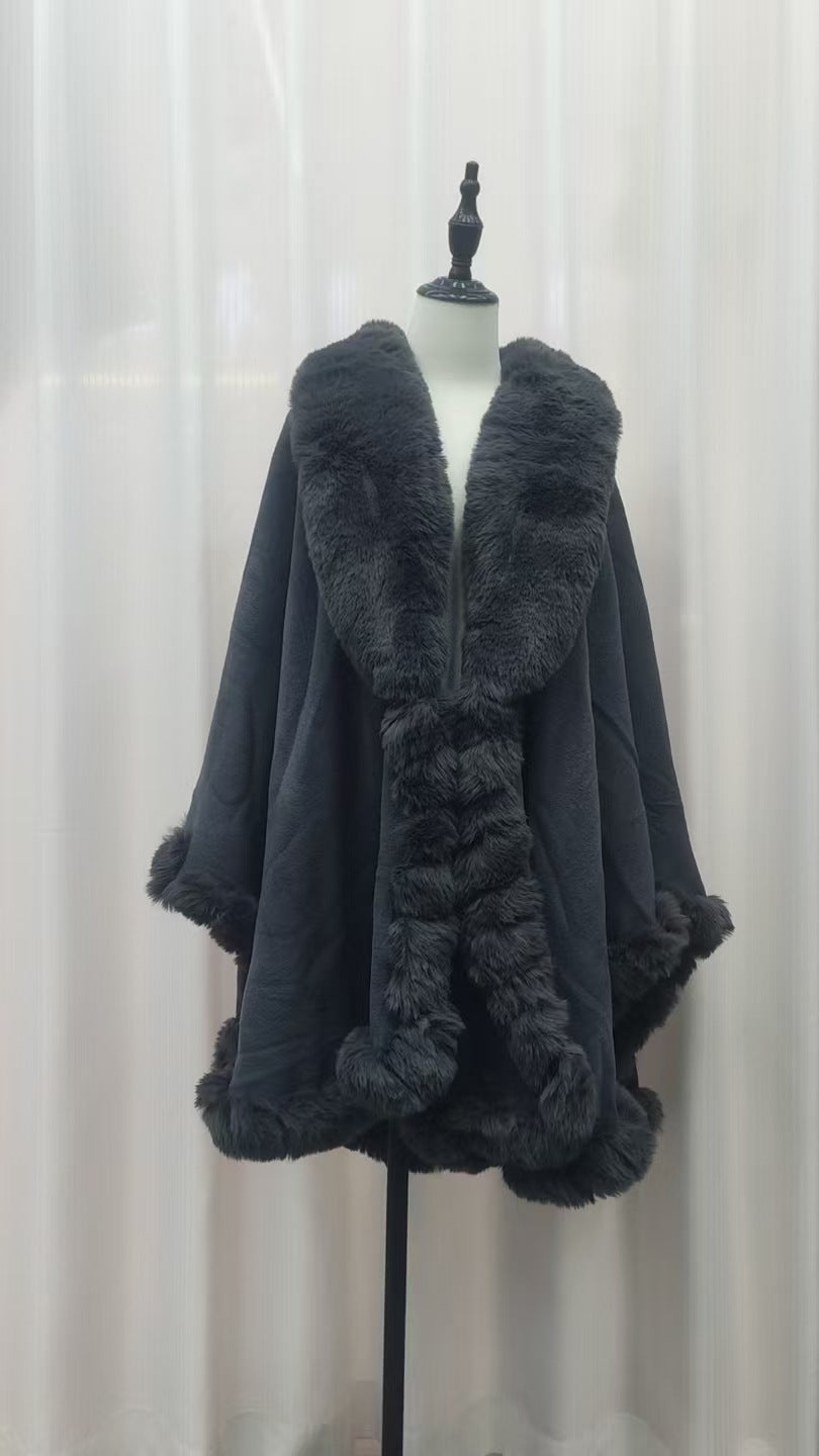 A Rabbit fur large lapel handmade wool cross-border European and American knitted imitation cashmere cardigan large size shawl cape