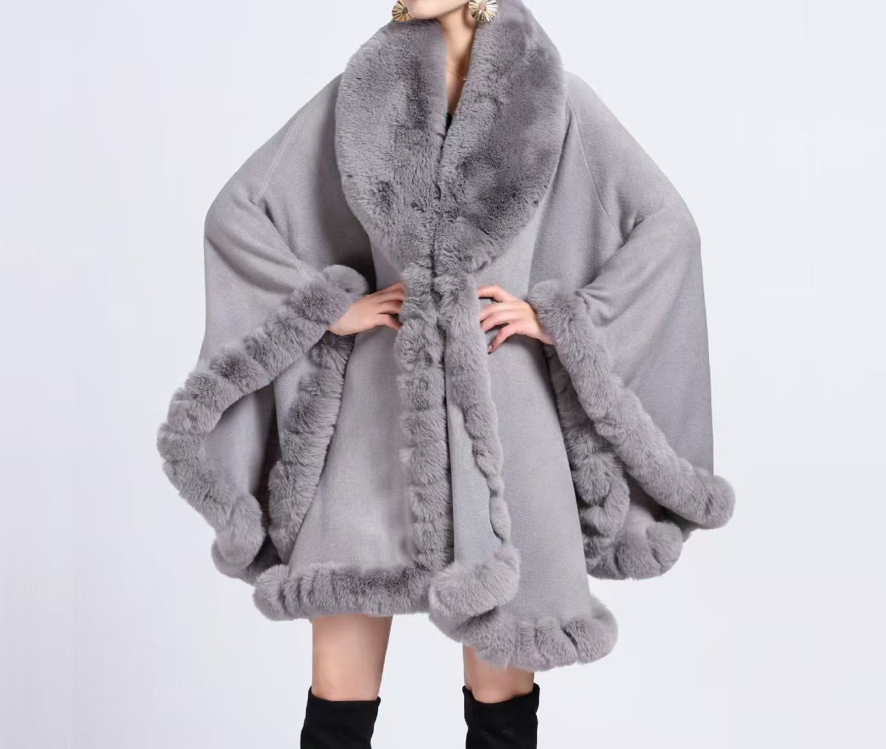A Rabbit fur large lapel handmade wool cross-border European and American knitted imitation cashmere cardigan large size shawl cape