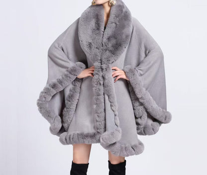A Rabbit fur large lapel handmade wool cross-border European and American knitted imitation cashmere cardigan large size shawl cape