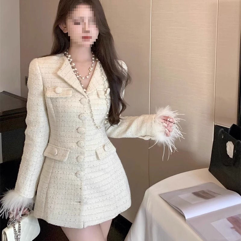 A Xiaoxiangfeng woven blazer women's autumn feeling new slim-fitting medium and long fluffy splicing top