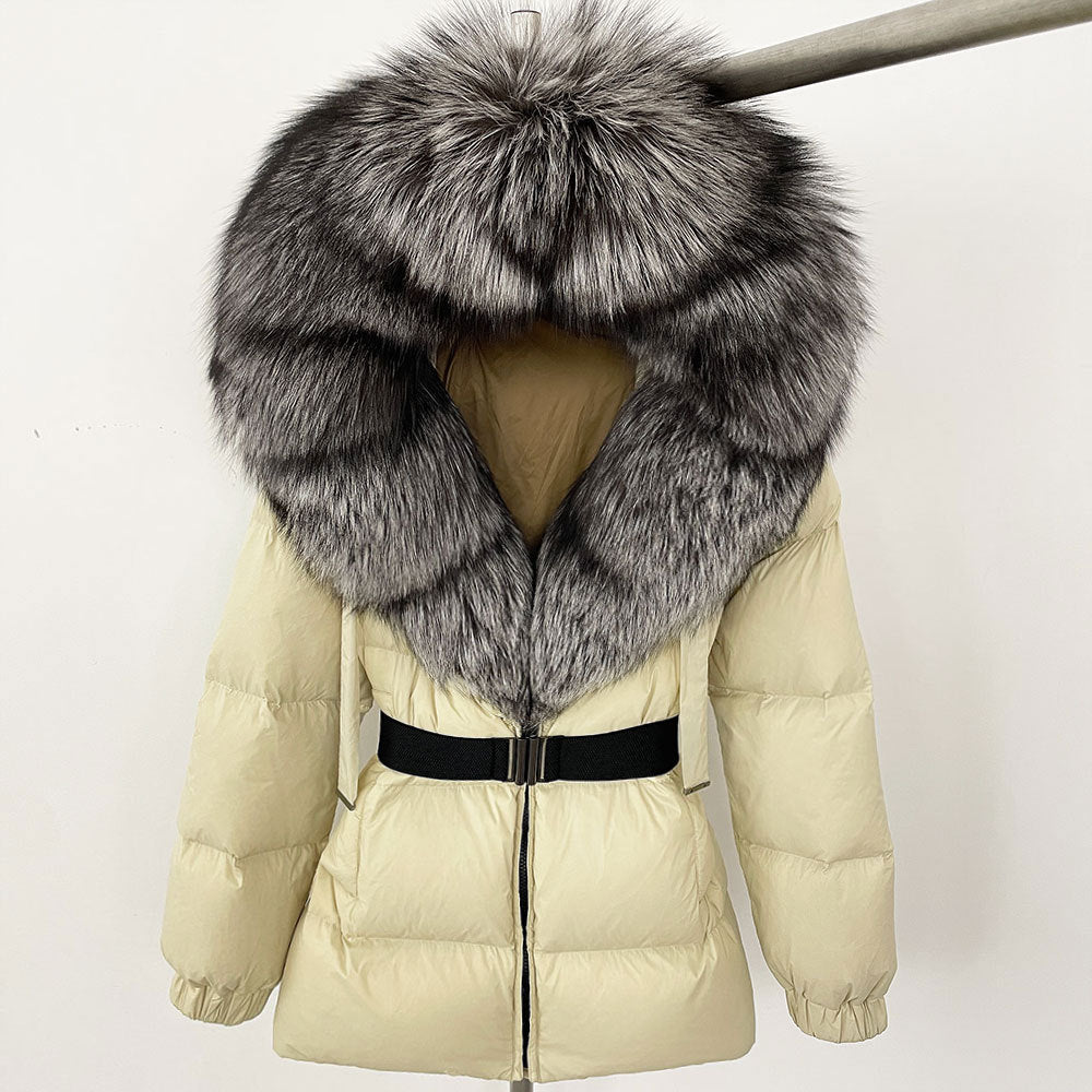 A fur collar hooded white duck down jacket