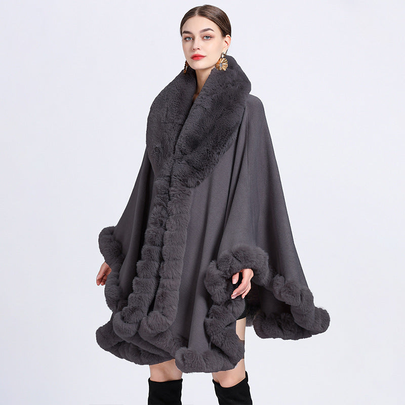 A European and American autumn and winter new imitation Rex rabbit fur collar cape large size knitted cardigan loose coat women