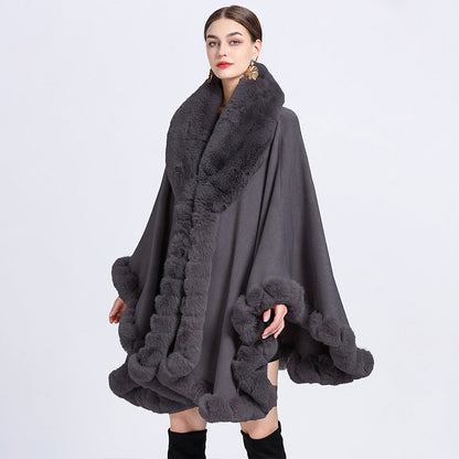A European and American autumn and winter new imitation Rex rabbit fur collar cape large size knitted cardigan loose coat women